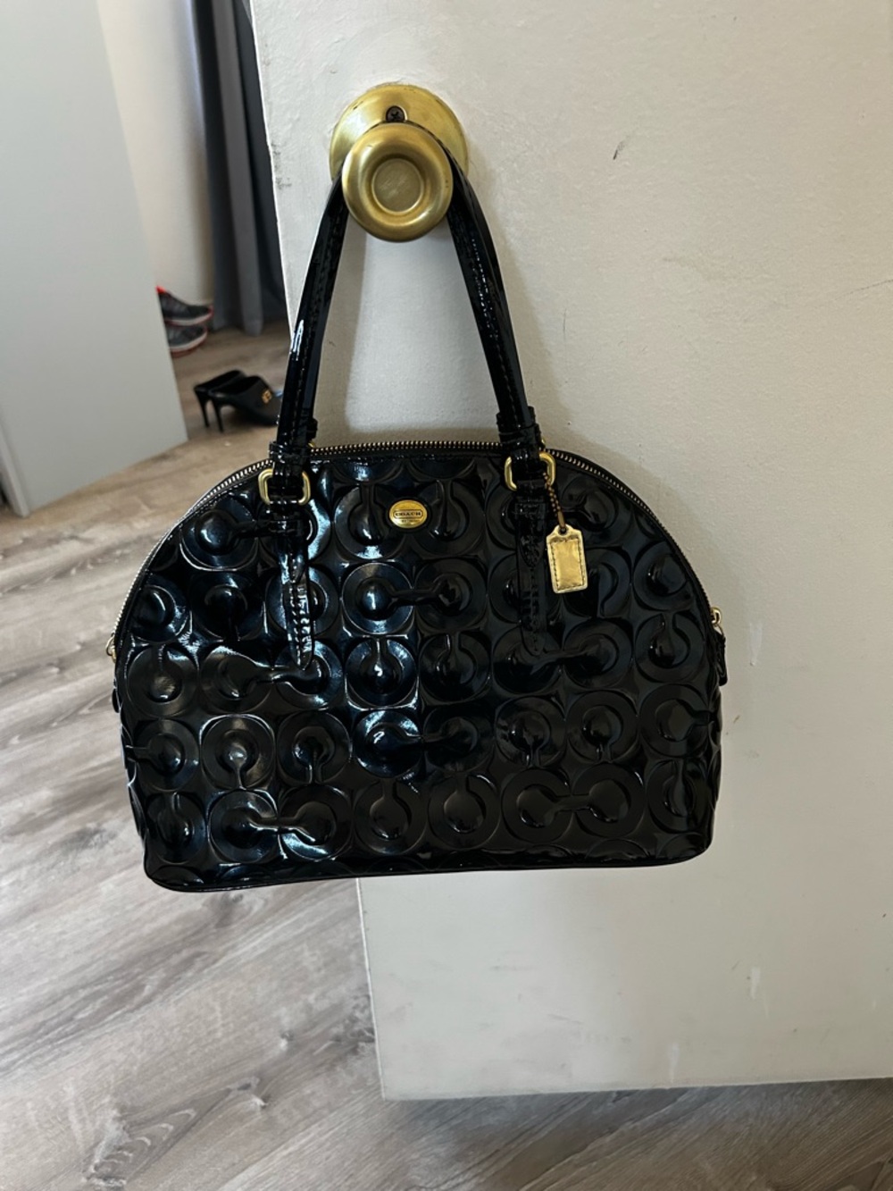 Coach Black Patent Leather Signature Dome Satchel with Gold Hardware